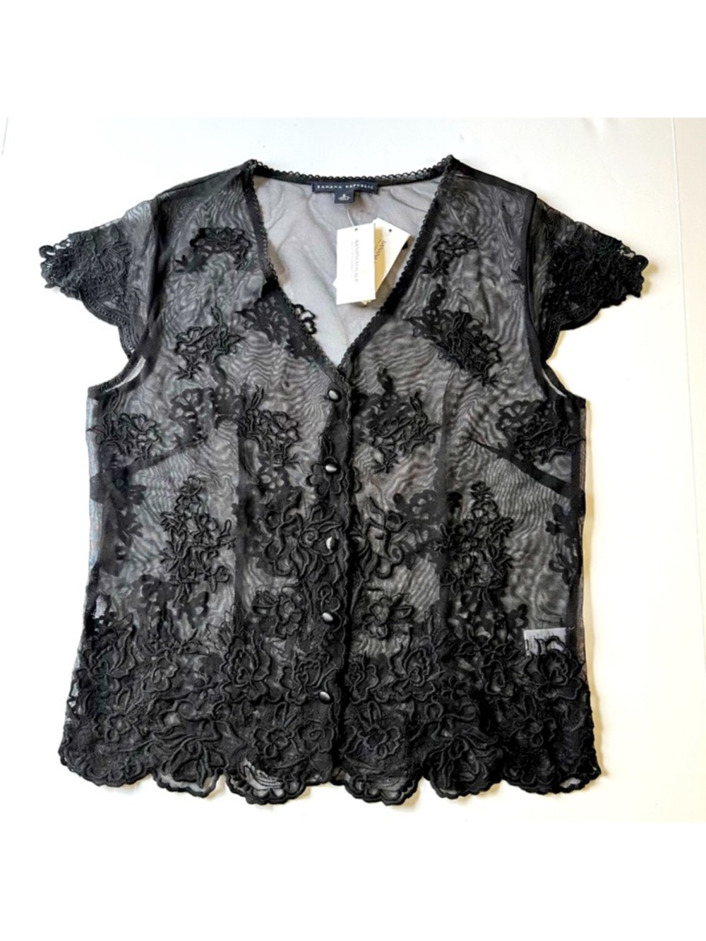 Banana Republic Women’s Sheer Black Lace Embroidery Floral Cap Sleeves Blouse S